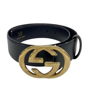 GUCCI Interlocking G - Dark Navy Gold Leather Hardware Belt 213-082925